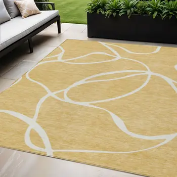 5' X 8' Gold And Ivory Abstract Washable Indoor Outdoor Area Rug
