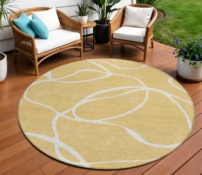 8' Gold And Ivory Round Abstract Washable Indoor Outdoor Area Rug