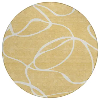 8' Gold And Ivory Round Abstract Washable Indoor Outdoor Area Rug