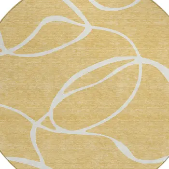 8' Gold And Ivory Round Abstract Washable Indoor Outdoor Area Rug