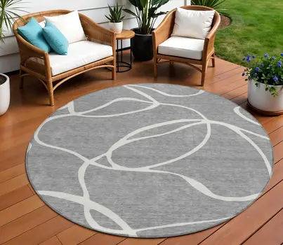 8' Gray And Ivory Round Abstract Washable Indoor Outdoor Area Rug