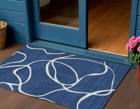 3' X 5' Navy Blue And Ivory Abstract Washable Indoor Outdoor Area Rug