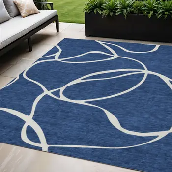 5' X 8' Navy Blue And Ivory Abstract Washable Indoor Outdoor Area Rug