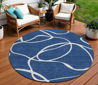 8' Navy Blue And Ivory Round Abstract Washable Indoor Outdoor Area Rug