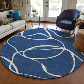8' Navy Blue And Ivory Round Abstract Washable Indoor Outdoor Area Rug