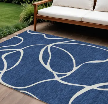 8' X 10' Navy Blue And Ivory Abstract Washable Indoor Outdoor Area Rug