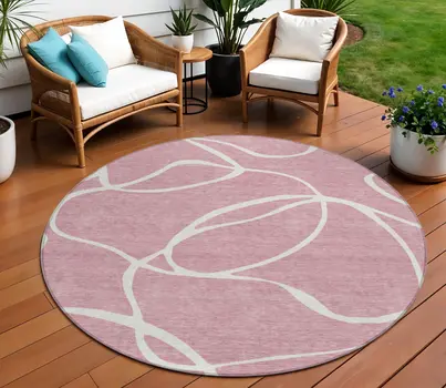 8' Pink And Ivory Round Abstract Washable Indoor Outdoor Area Rug