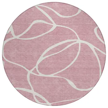 8' Pink And Ivory Round Abstract Washable Indoor Outdoor Area Rug