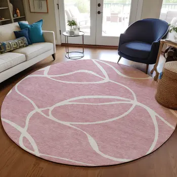 8' Pink And Ivory Round Abstract Washable Indoor Outdoor Area Rug