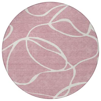 8' Pink And Ivory Round Abstract Washable Indoor Outdoor Area Rug