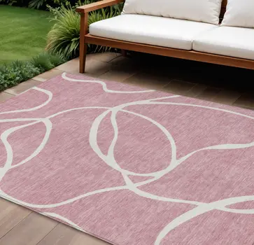 10' X 14' Pink And Ivory Abstract Washable Indoor Outdoor Area Rug