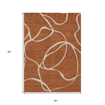 5' X 8' Copper And Ivory Abstract Washable Indoor Outdoor Area Rug
