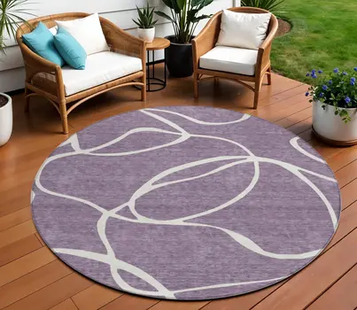 8' Purple And Ivory Round Abstract Washable Indoor Outdoor Area Rug