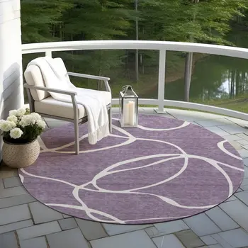 8' Purple And Ivory Round Abstract Washable Indoor Outdoor Area Rug