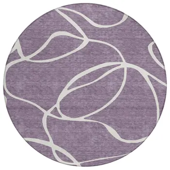 8' Purple And Ivory Round Abstract Washable Indoor Outdoor Area Rug