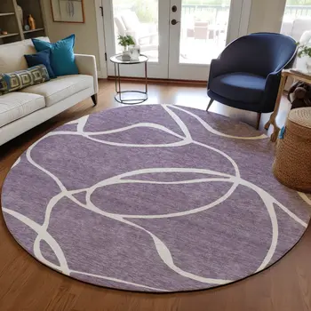 8' Purple And Ivory Round Abstract Washable Indoor Outdoor Area Rug