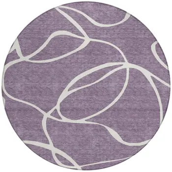 8' Purple And Ivory Round Abstract Washable Indoor Outdoor Area Rug