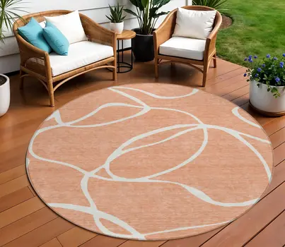 8' Salmon And Ivory Round Abstract Washable Indoor Outdoor Area Rug