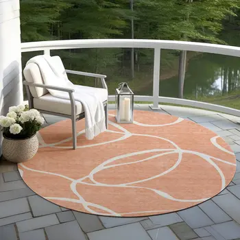 8' Salmon And Ivory Round Abstract Washable Indoor Outdoor Area Rug
