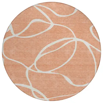8' Salmon And Ivory Round Abstract Washable Indoor Outdoor Area Rug