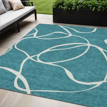 5' X 8' Teal Blue And Ivory Abstract Washable Indoor Outdoor Area Rug