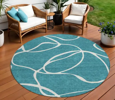 8' Teal Blue And Ivory Round Abstract Washable Indoor Outdoor Area Rug