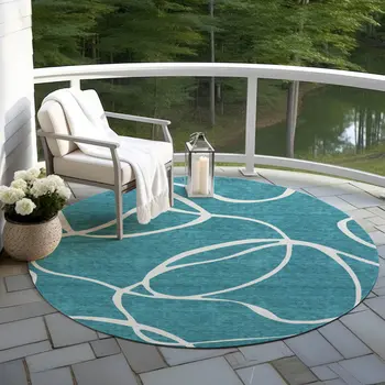 8' Teal Blue And Ivory Round Abstract Washable Indoor Outdoor Area Rug
