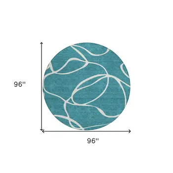 8' Teal Blue And Ivory Round Abstract Washable Indoor Outdoor Area Rug