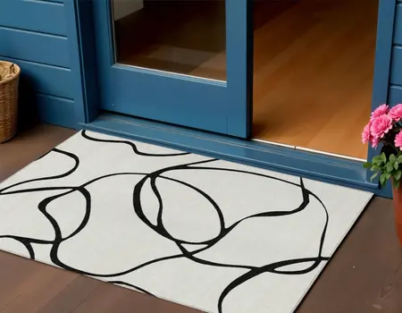 3' X 5' White And Black Abstract Washable Indoor Outdoor Area Rug