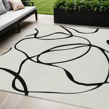 5' X 8' White And Black Abstract Washable Indoor Outdoor Area Rug