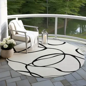8' White And Black Round Abstract Washable Indoor Outdoor Area Rug