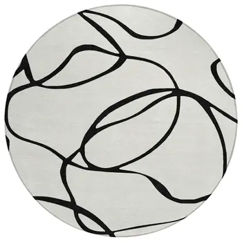 8' White And Black Round Abstract Washable Indoor Outdoor Area Rug