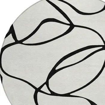 8' White And Black Round Abstract Washable Indoor Outdoor Area Rug