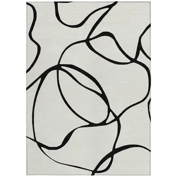 9' X 12' White And Black Abstract Washable Indoor Outdoor Area Rug