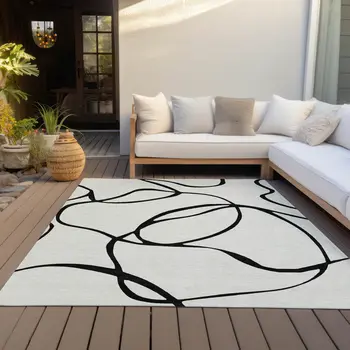 9' X 12' White And Black Abstract Washable Indoor Outdoor Area Rug
