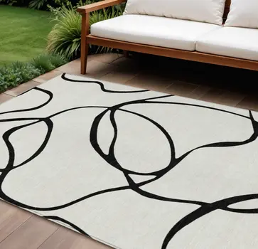 10' X 14' White And Black Abstract Washable Indoor Outdoor Area Rug