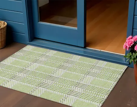 3' X 5' Artichoke Green Gray And Brown Plaid Washable Indoor Outdoor Area Rug