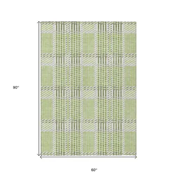 5' X 8' Artichoke Green Gray And Brown Plaid Washable Indoor Outdoor Area Rug