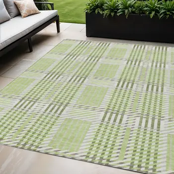5' X 8' Artichoke Green Gray And Brown Plaid Washable Indoor Outdoor Area Rug