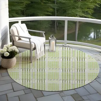 8' Artichoke Green Gray And Brown Round Plaid Washable Indoor Outdoor Area Rug