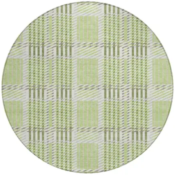 8' Artichoke Green Gray And Brown Round Plaid Washable Indoor Outdoor Area Rug