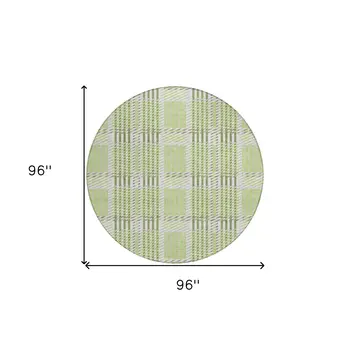 8' Artichoke Green Gray And Brown Round Plaid Washable Indoor Outdoor Area Rug