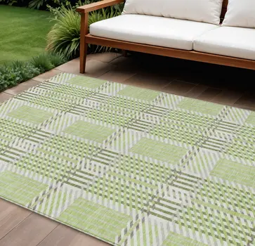 9' X 12' Artichoke Green Gray And Brown Plaid Washable Indoor Outdoor Area Rug