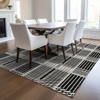 3' X 5' Black Gray And Brown Plaid Washable Indoor Outdoor Area Rug