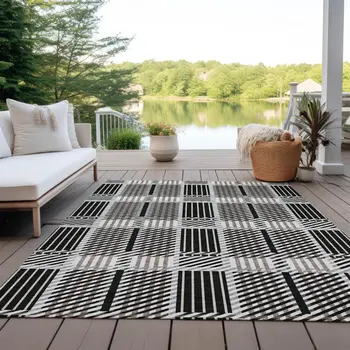5' X 8' Black Gray And Brown Plaid Washable Indoor Outdoor Area Rug