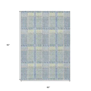 5' X 8' Denim Blue Green And Ivory Plaid Washable Indoor Outdoor Area Rug