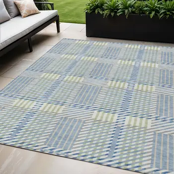 5' X 8' Denim Blue Green And Ivory Plaid Washable Indoor Outdoor Area Rug