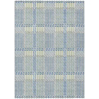 10' X 14' Denim Blue Green And Ivory Plaid Washable Indoor Outdoor Area Rug