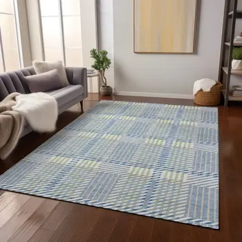 10' X 14' Denim Blue Green And Ivory Plaid Washable Indoor Outdoor Area Rug
