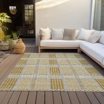 3' X 5' Gold Brown And Gray Plaid Washable Indoor Outdoor Area Rug